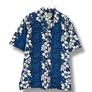 KY’S Hawaiian Shirt Cotton White Hibiscus Panel On Blue Size XL X Large Aloha